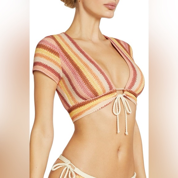 Robin Piccone Lyra Stripe Cap Sleeve Bikini Top Size Medium - Picture 8 of 8